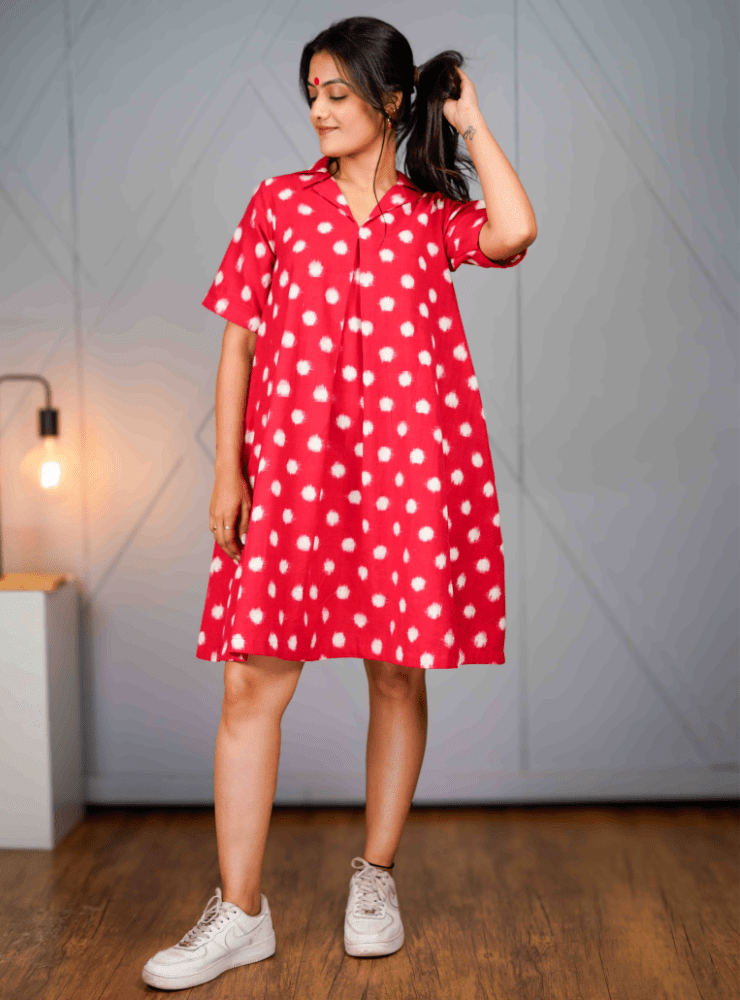 Rohana Dress | Red Ikat A - Line Dress with Notch Collar - Prathaa - weaving traditions
