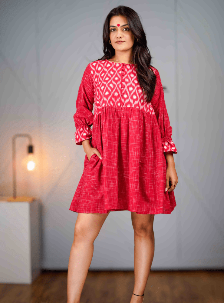 Rose Dress | Handloom Ikat Knee - Length Frill Dress - Prathaa - weaving traditions