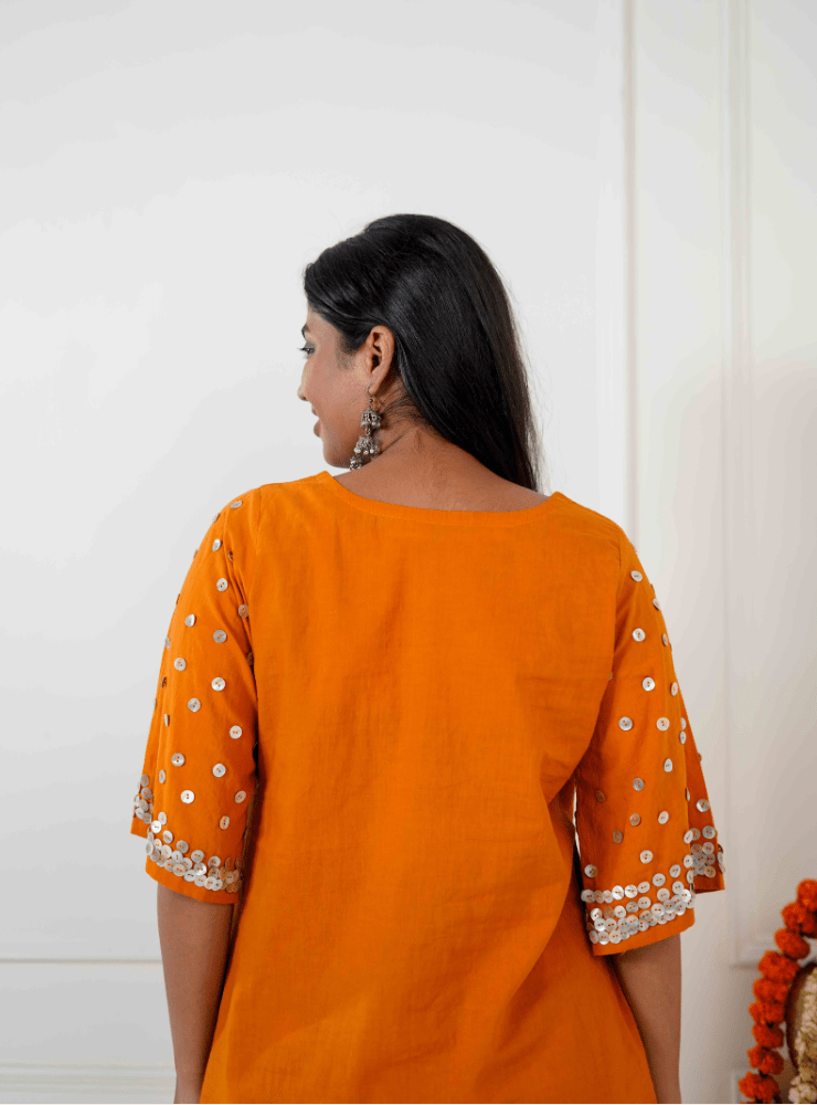Taal Ojas Set - Burnt Orange Solid Tunic & Grey Printed Pants - Prathaa - weaving traditions