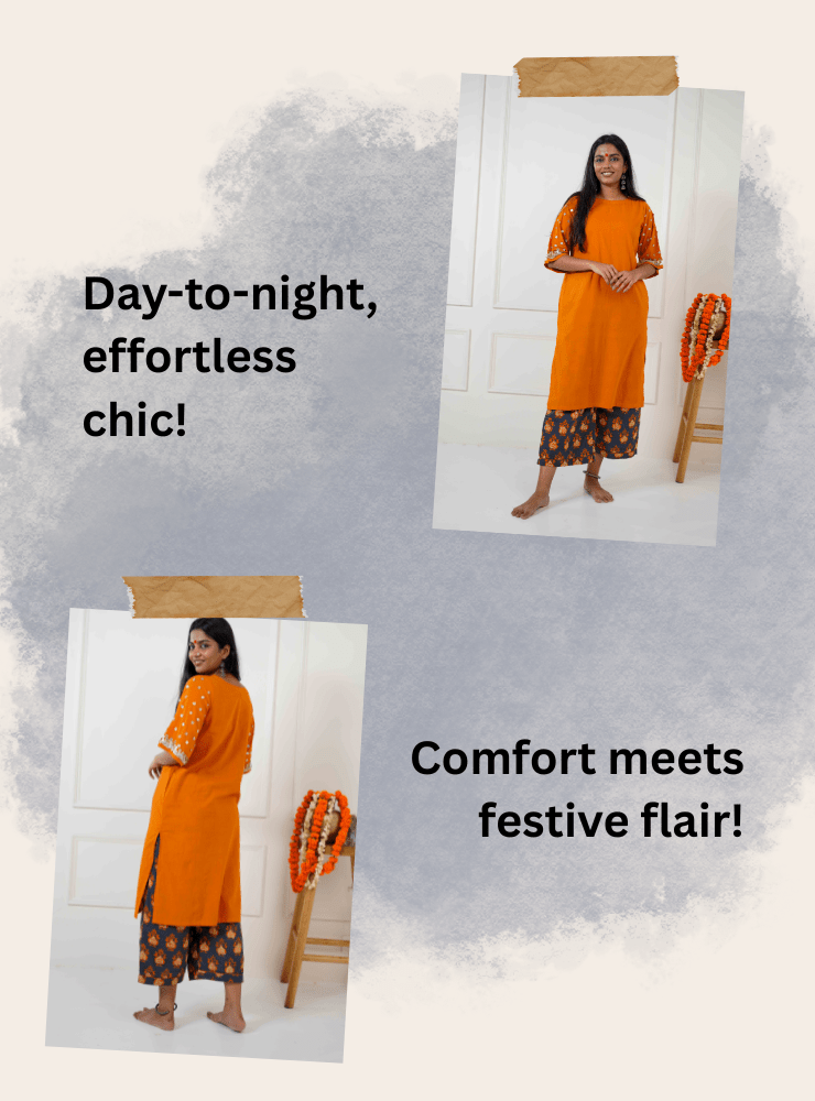 Taal Ojas Set - Burnt Orange Solid Tunic & Grey Printed Pants - Prathaa - weaving traditions