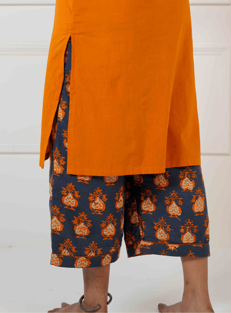 Taal Ojas Set - Burnt Orange Solid Tunic & Grey Printed Pants - Prathaa - weaving traditions