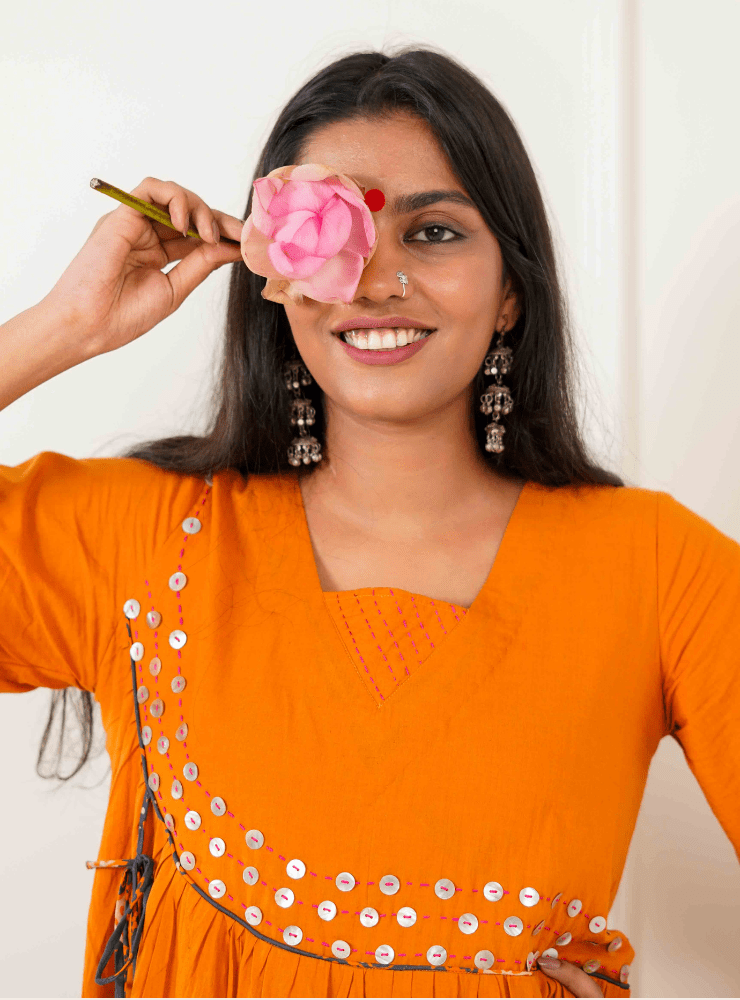 Taal Oorja Set - Burnt Orange Angrakha Tunic Dress & Grey Printed Pants - Prathaa - weaving traditions