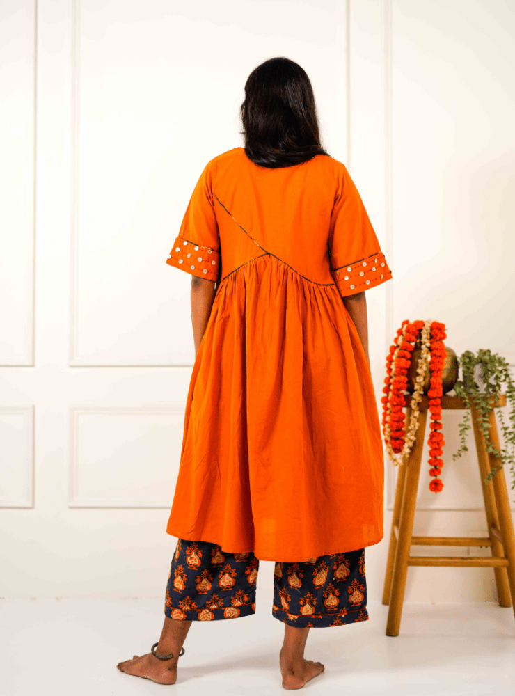 Taal Oorja Set - Burnt Orange Angrakha Tunic Dress & Grey Printed Pants - Prathaa - weaving traditions