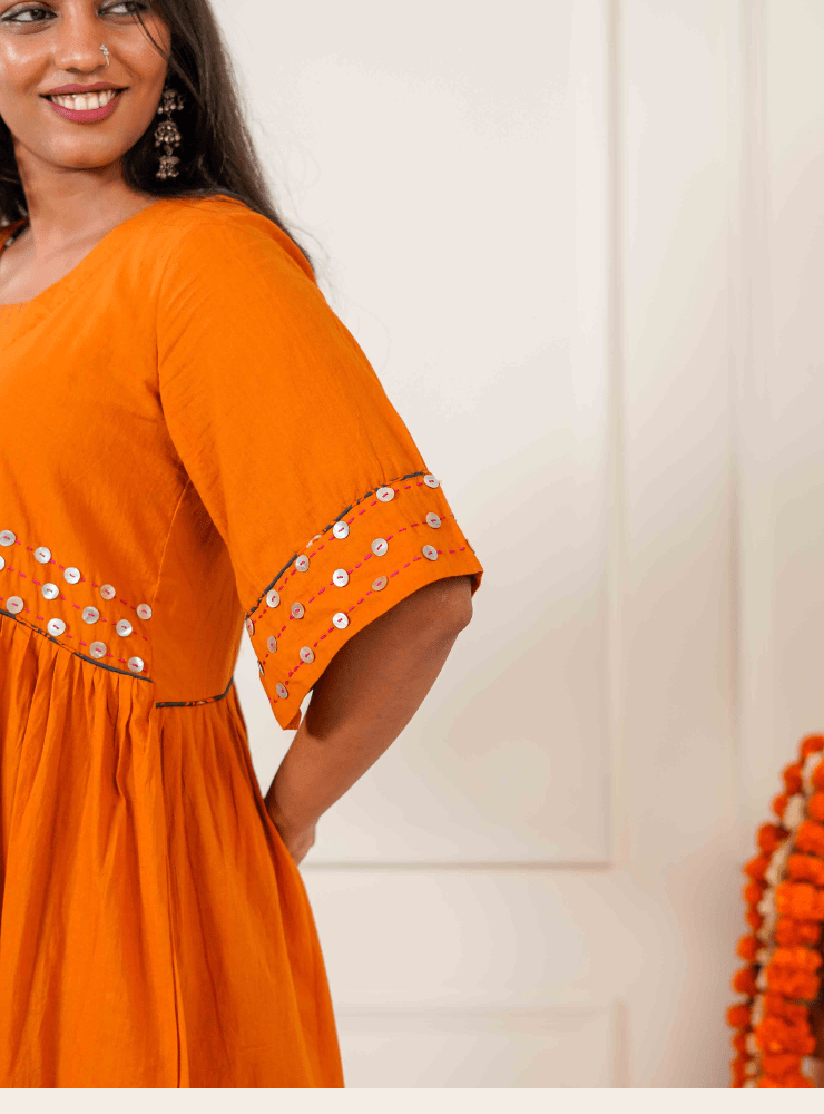 Taal Oorja Set - Burnt Orange Angrakha Tunic Dress & Grey Printed Pants - Prathaa - weaving traditions