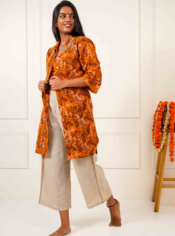 Taal Raag Set - Batik Printed Shirt Tunic & Beige Straight Pant - Prathaa - weaving traditions