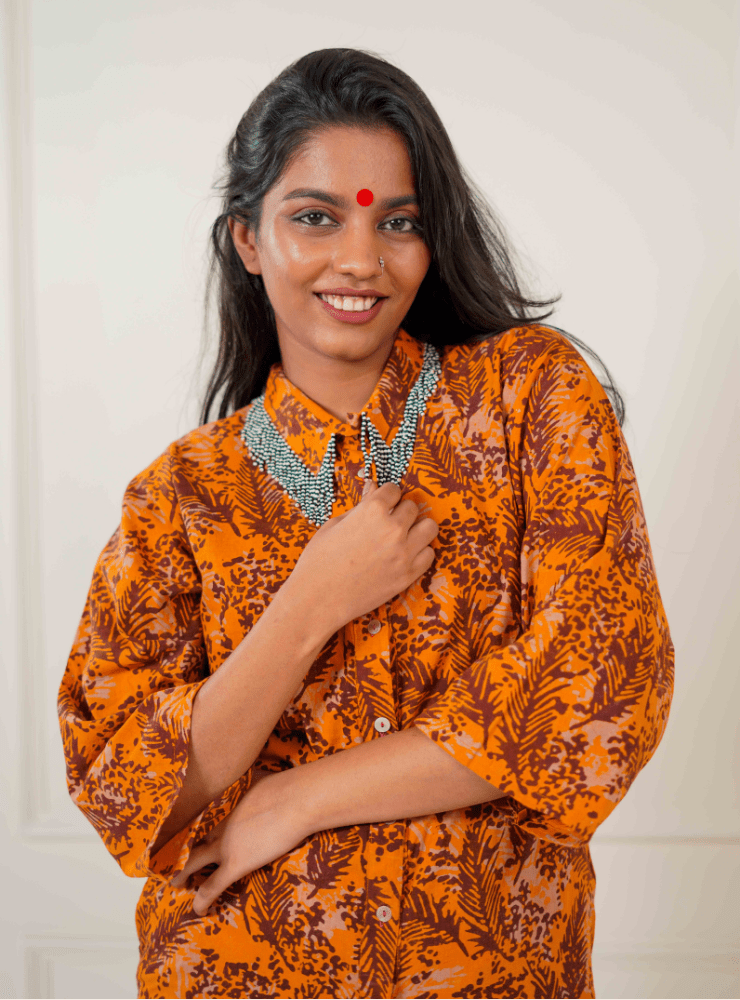 Taal Raag Set - Batik Printed Shirt Tunic & Beige Straight Pant - Prathaa - weaving traditions