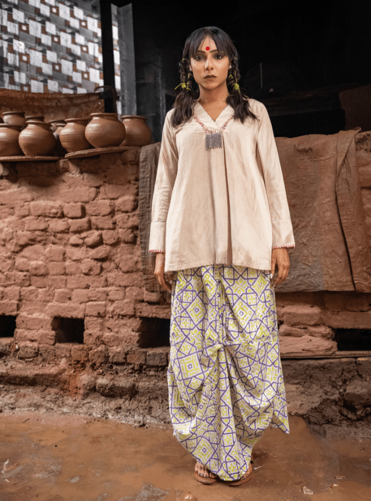 Taal Tej Set - Beige Top & Batik Printed Skirt - Prathaa - weaving traditions