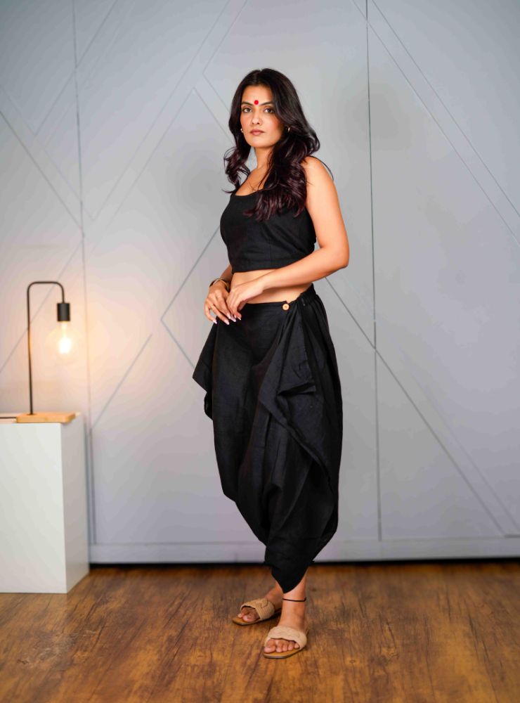 Tula – Black Asymmetric Draped Pant - Prathaa - weaving traditions