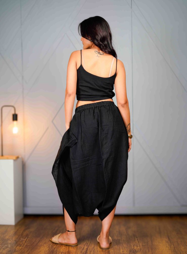 Tula – Black Asymmetric Draped Pant - Prathaa - weaving traditions