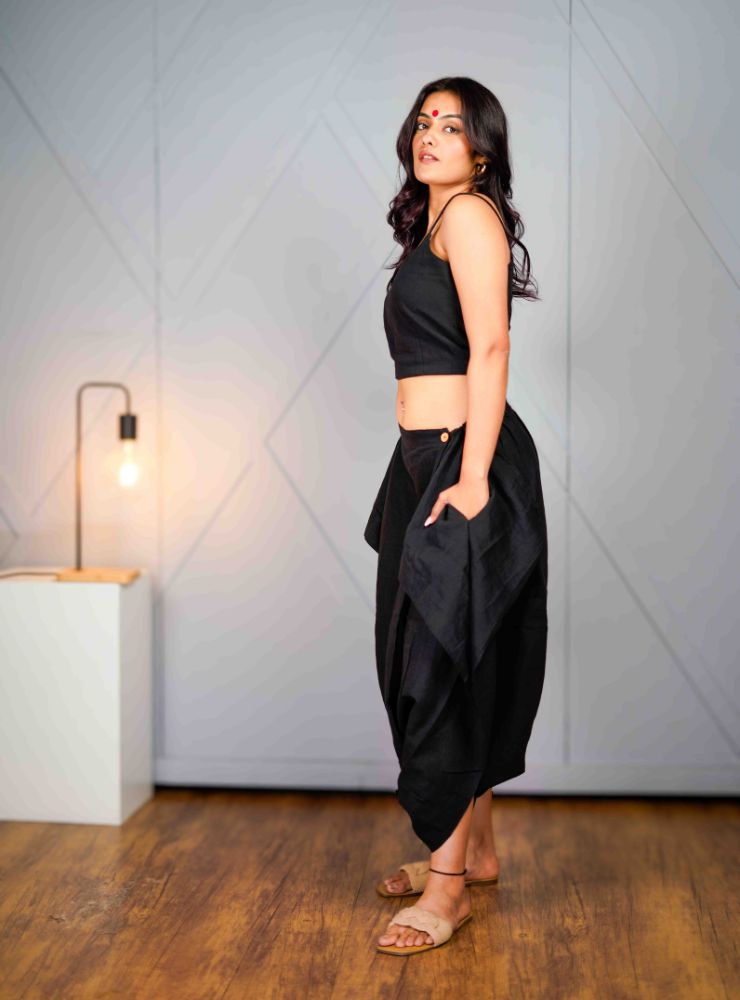 Tula – Black Asymmetric Draped Pant - Prathaa - weaving traditions