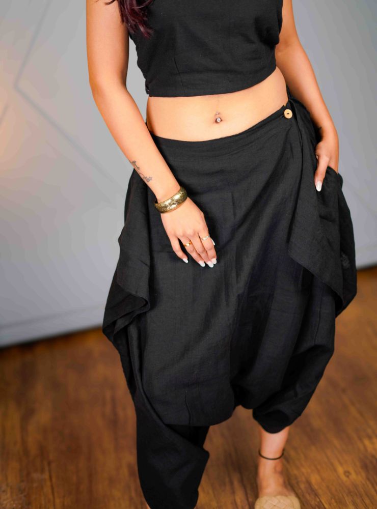 Tula – Black Asymmetric Draped Pant - Prathaa - weaving traditions