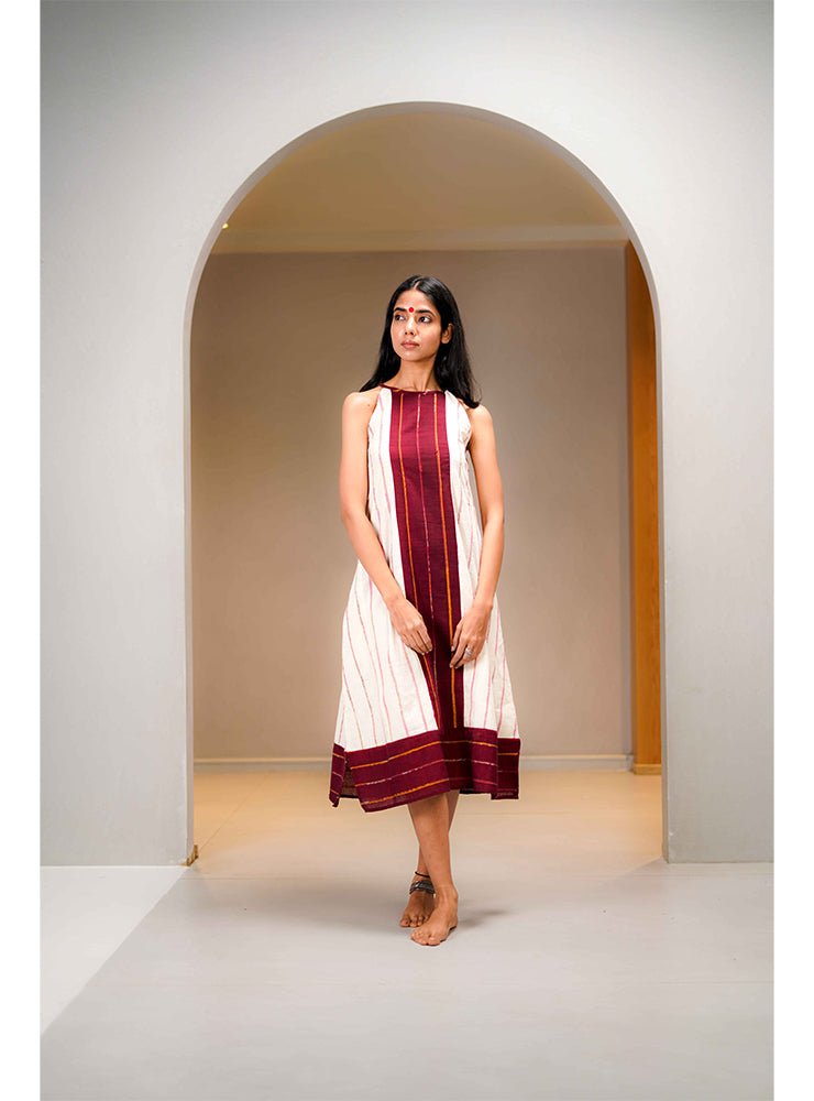 White and Maroon Khesh A - Line Dress - Prathaa - weaving traditions