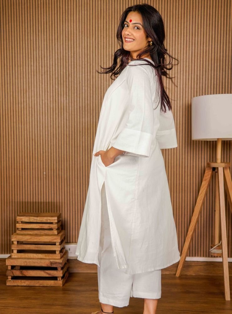White Kurta and Pants Set - Prathaa - weaving traditions