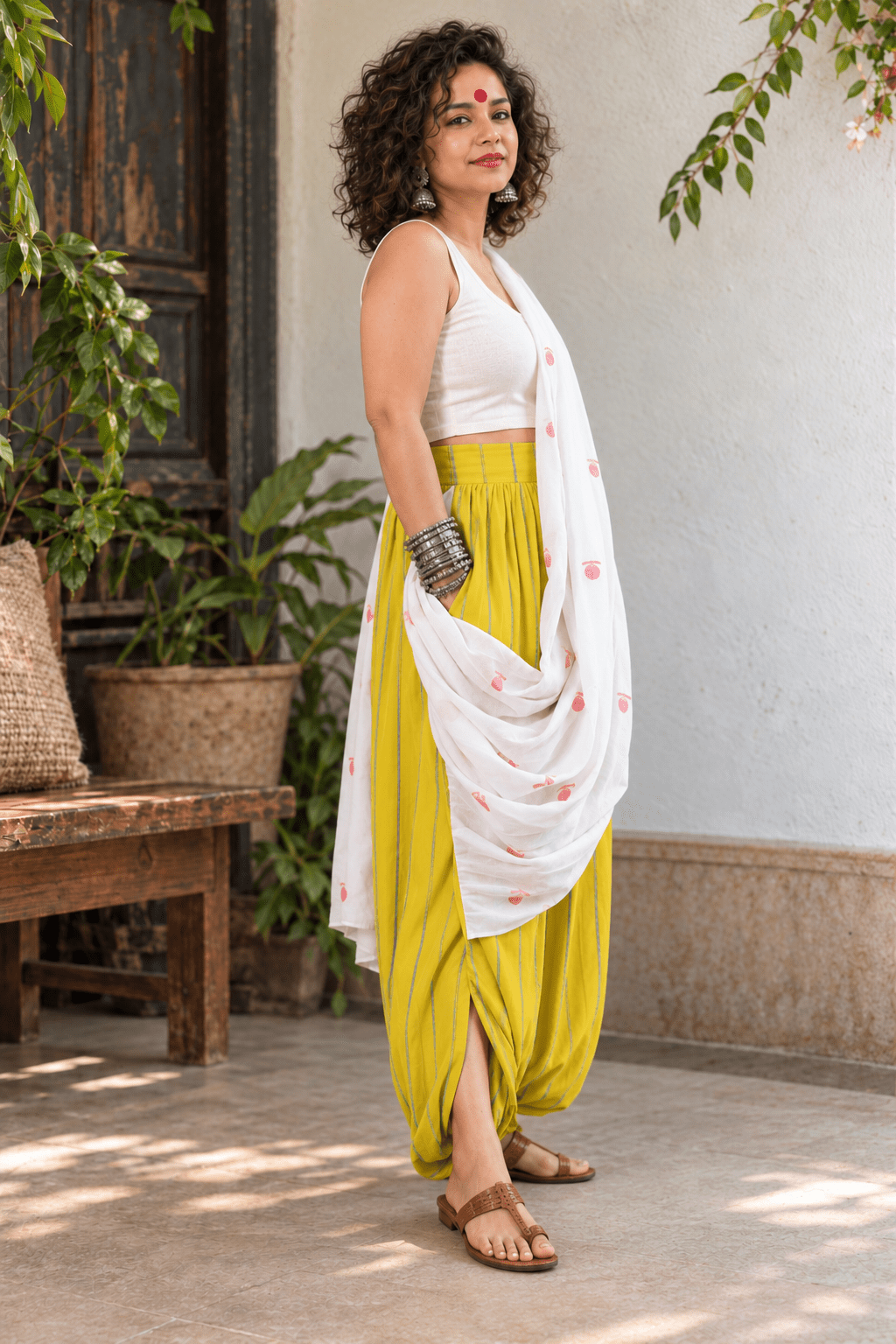 Yellow Khesh cotton bindi dhoti saree - Prathaa-weaving traditions