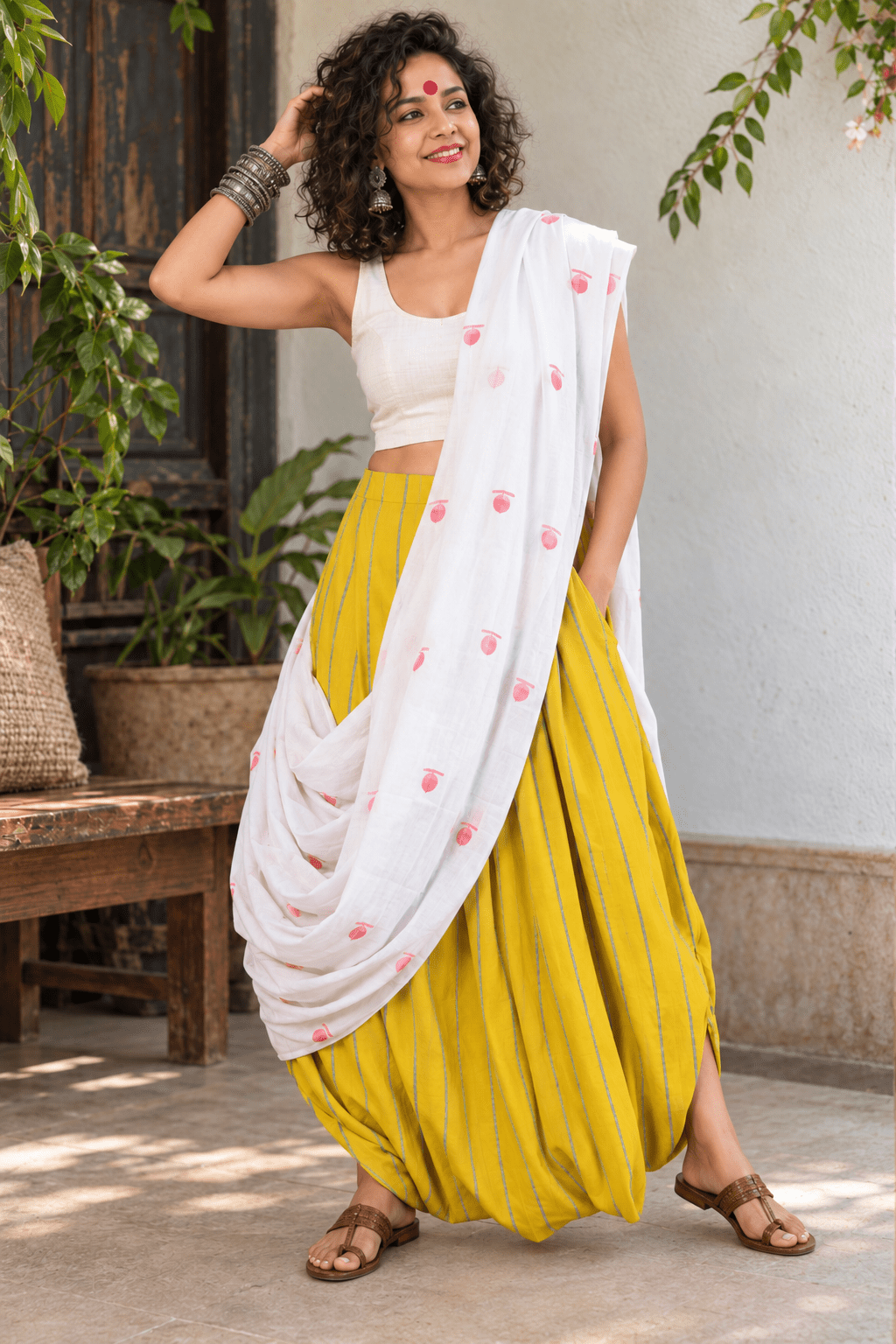 Yellow Khesh cotton bindi dhoti saree - Prathaa-weaving traditions