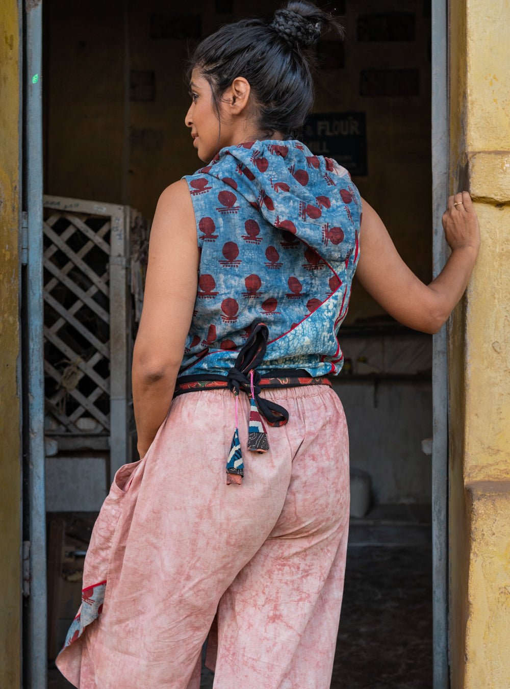Bawra co-ord set :- Blue Puthai Ink Blot Bindi Blouse & Layered pants - Prathaa - weaving traditions