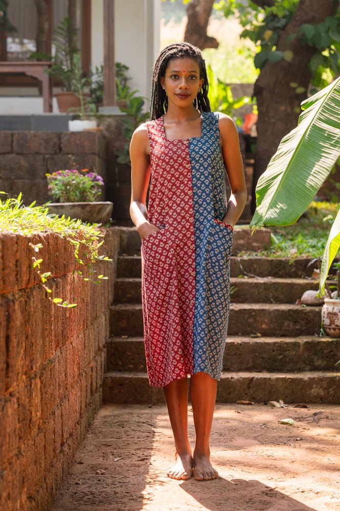Indigo and Red Block Print Cotton Casual Aastey Dress | Indo-Western Wear by Prathaa Indigo and Red Block Print Cotton Casual Aastey Dress | Indo-Western Wear by Prathaa