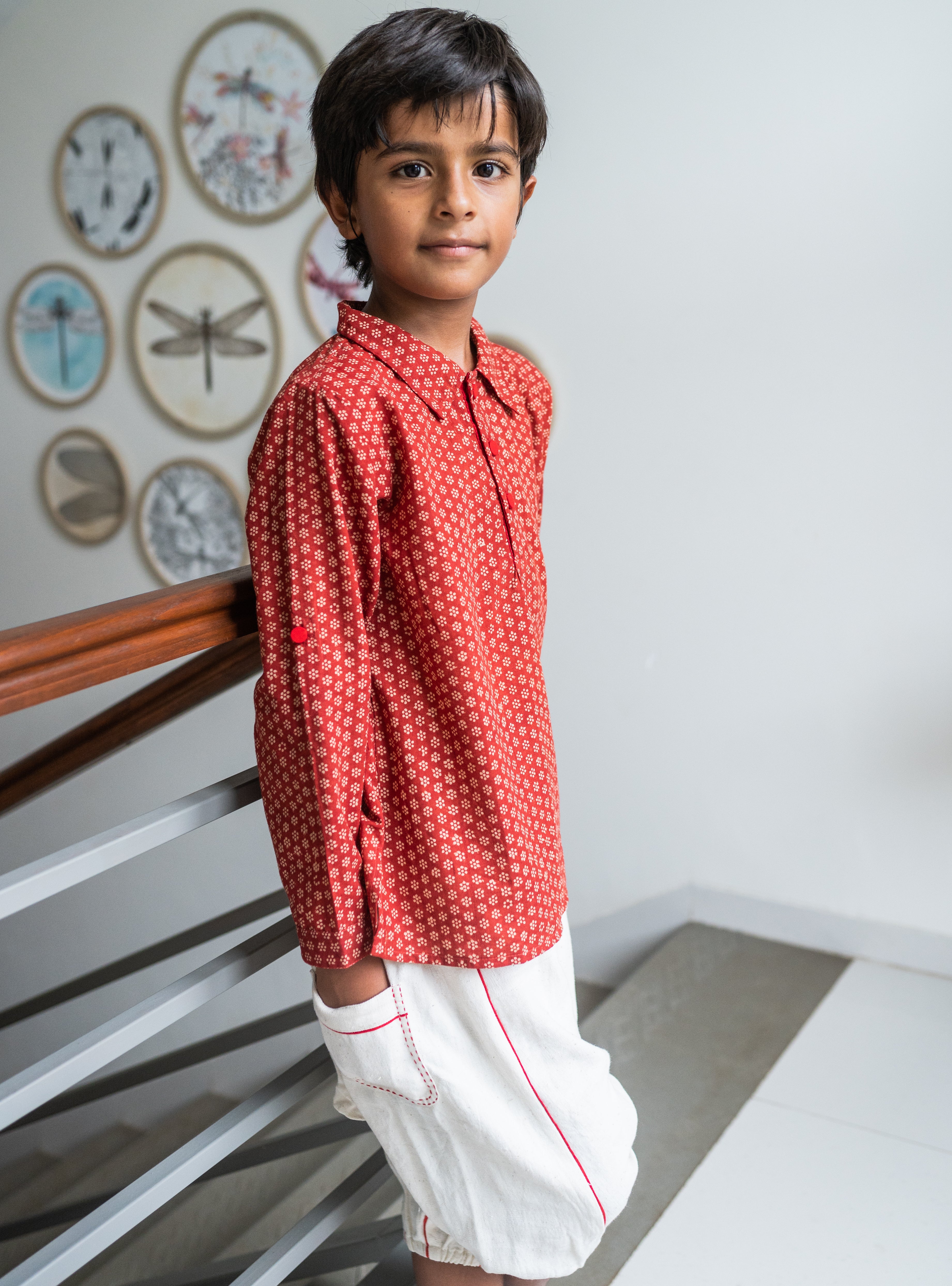 NATKHAT:- Red Bagru Handloom Dhoti Kurta Set for Kids | Prathaa