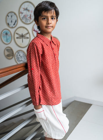 NATKHAT:- Red Kurta with White dhoti | Handloom Kala Cotton Kids wear