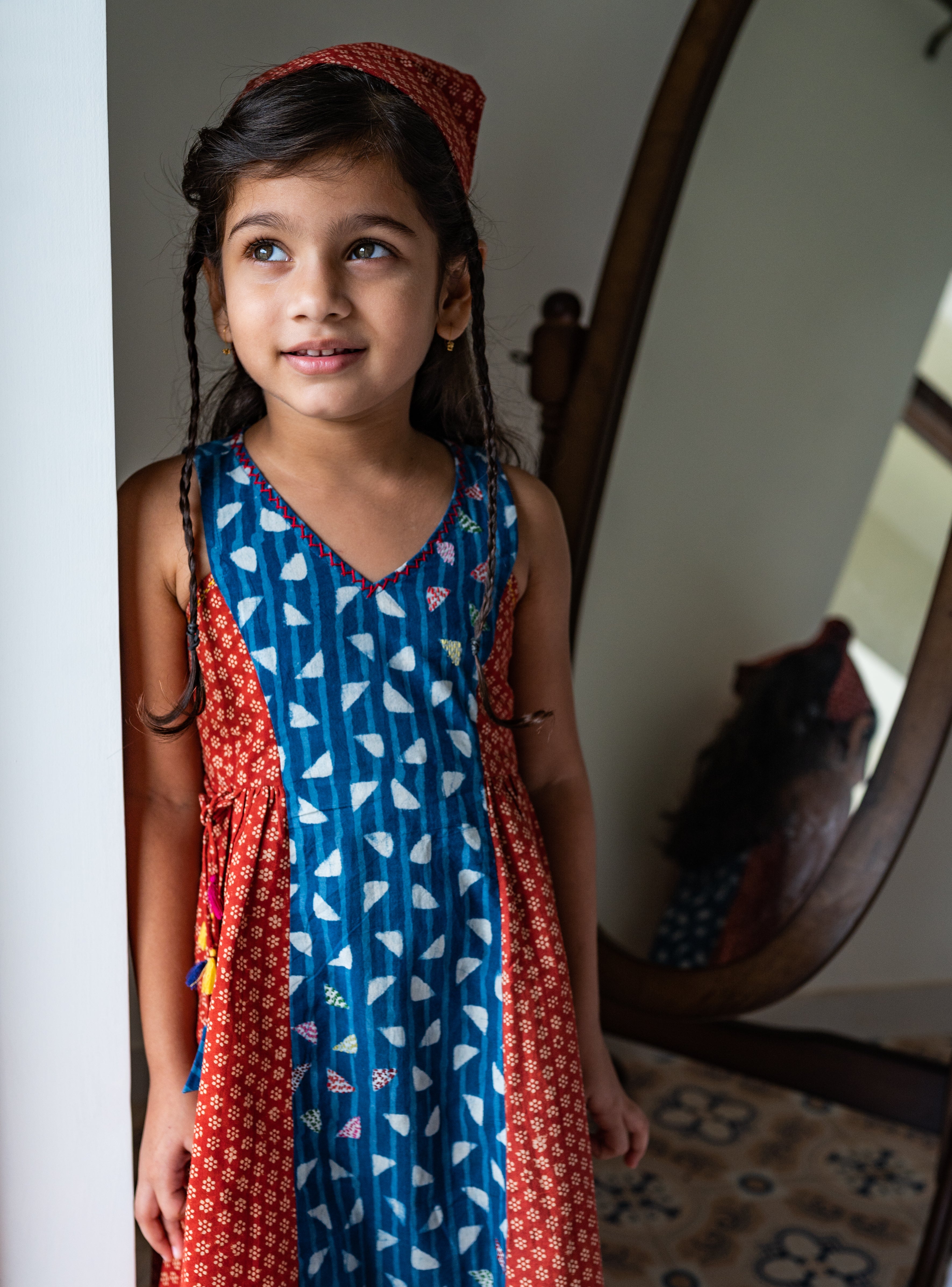NATKHAT:- Indigo & Red sleeveless Frock | Comfortable Handloom Cotton Kidswear from Prathaa