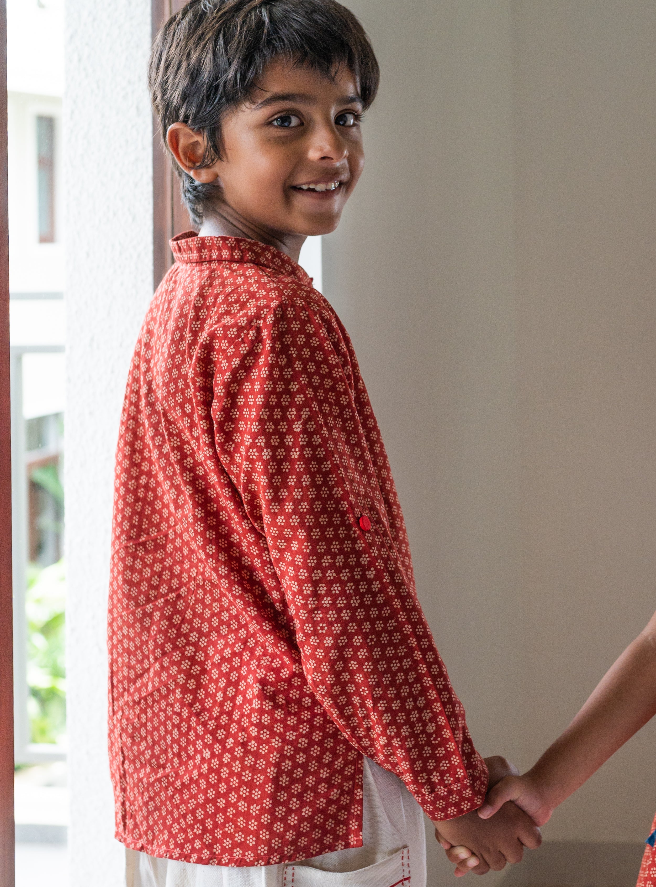 NATKHAT:- Red Bagru Handloom Dhoti Kurta Set for Kids | Prathaa