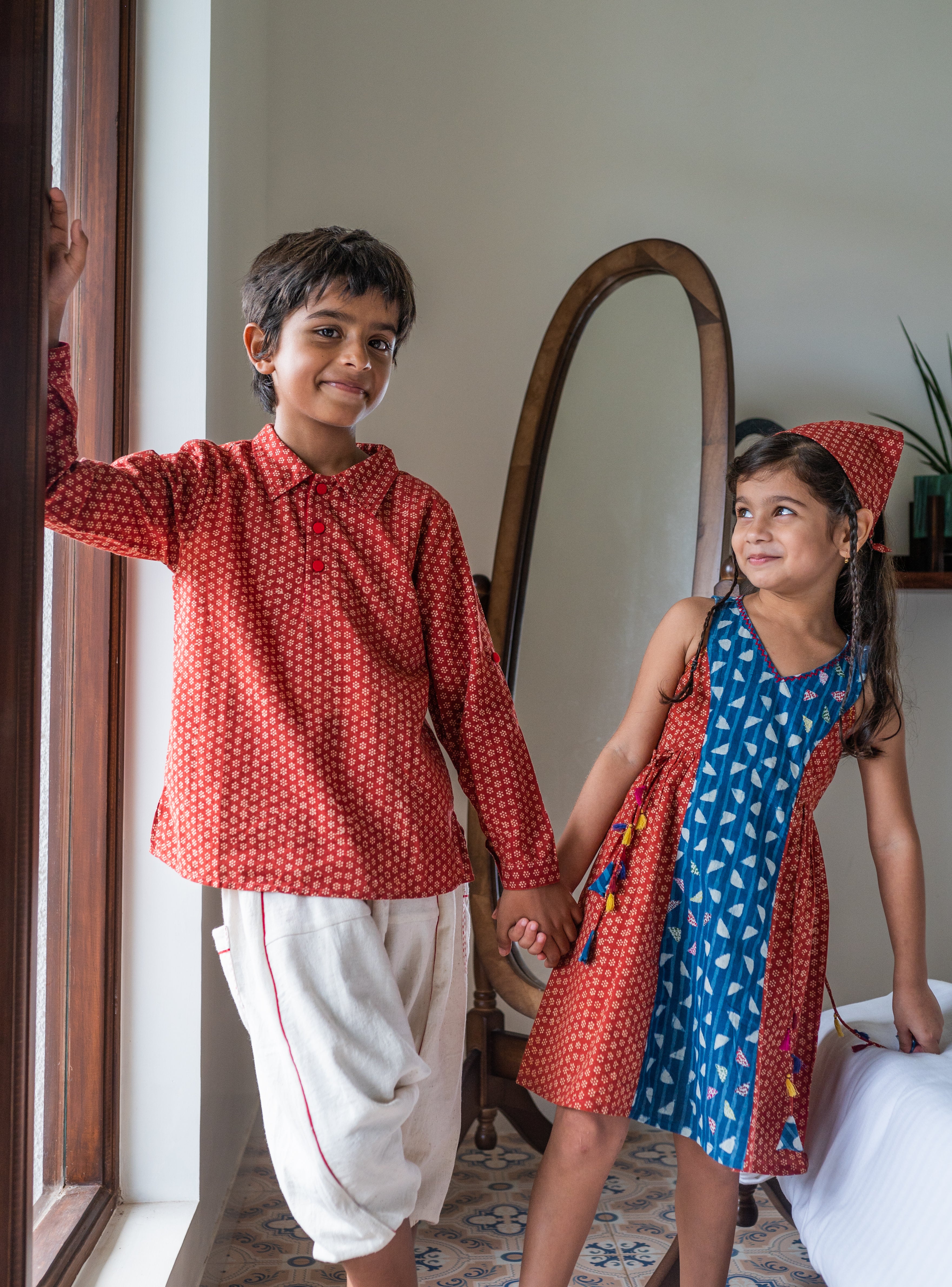 NATKHAT:- Red Bagru Handloom Dhoti Kurta Set for Kids | Prathaa