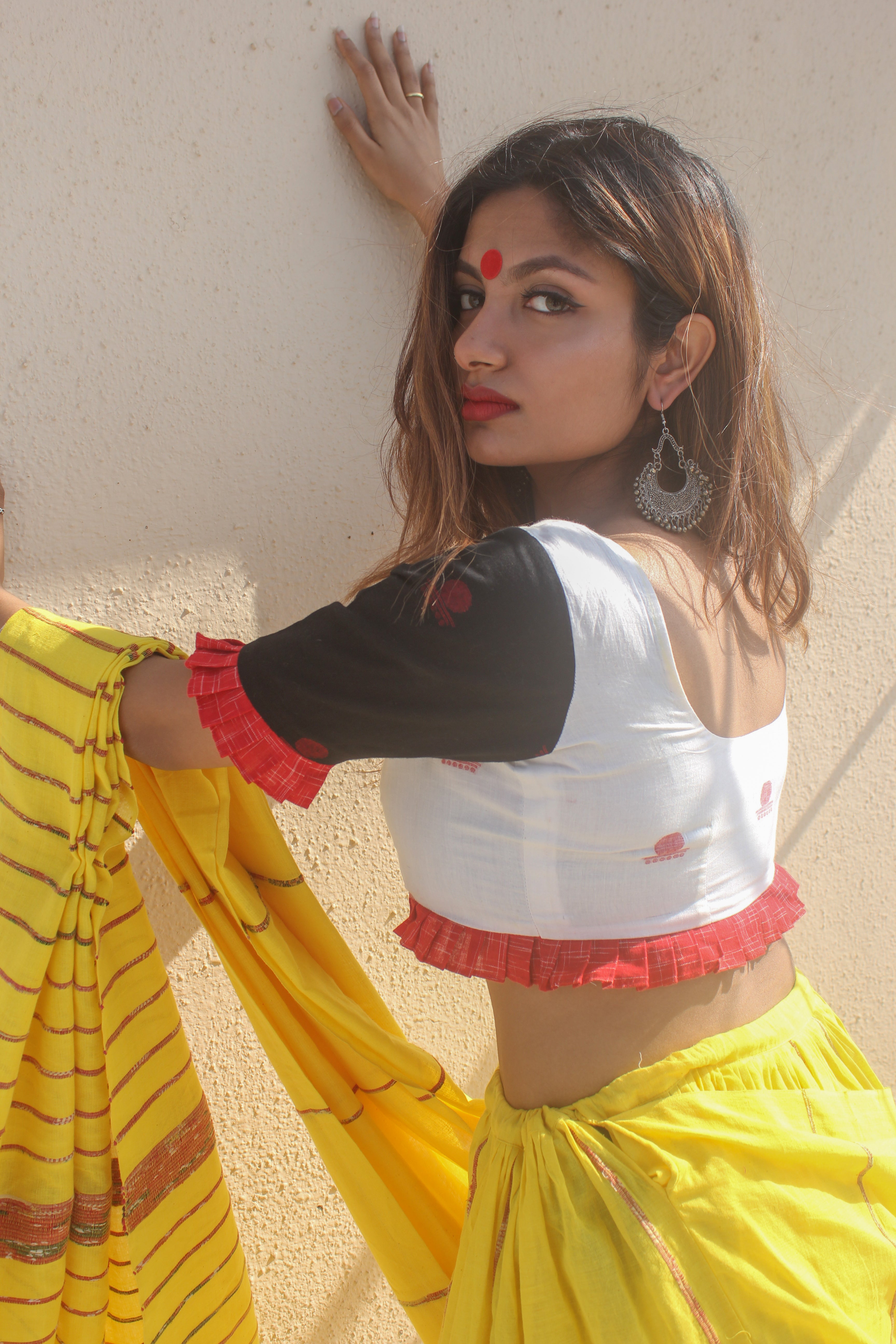Blouse - White And Black Princess Cut Blouse with Pleats in Jamdani Fabric - Prathaa