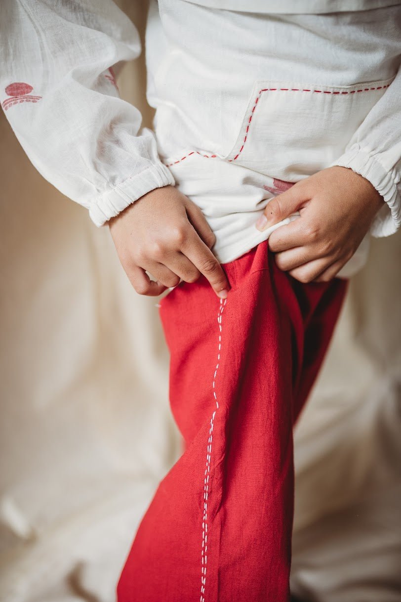 Shvet Kids- Jamdani white shirt and red pants set Twinning Dress