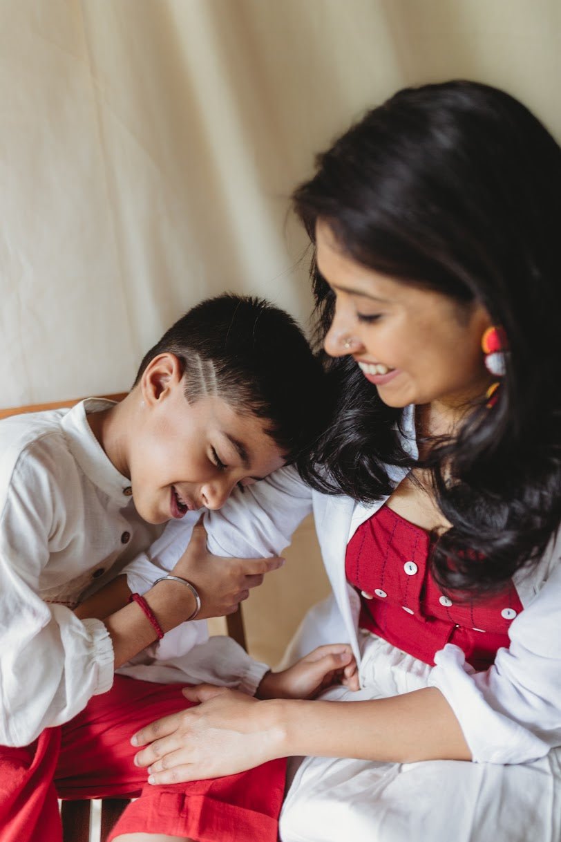 Shvet Kids- Jamdani white shirt and red pants set Twinning Dress