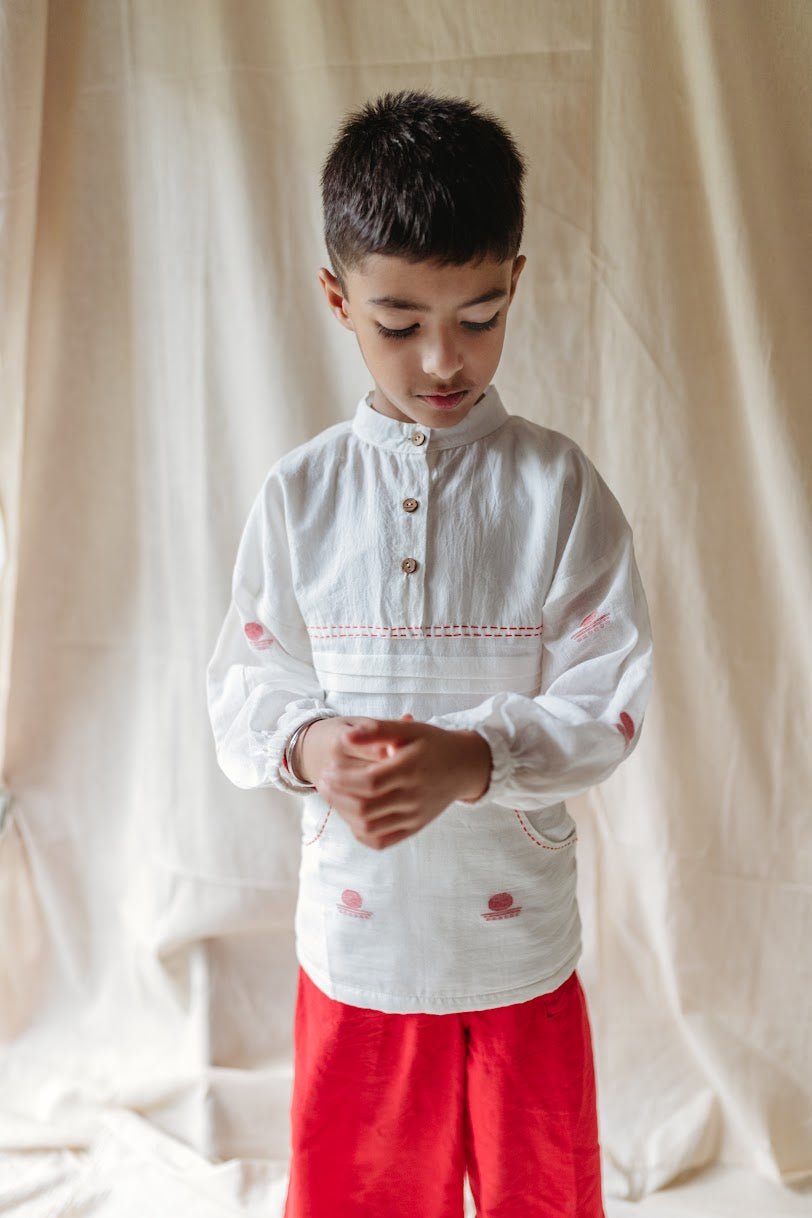 Shvet Kids- Jamdani white shirt and red pants set Twinning Dress