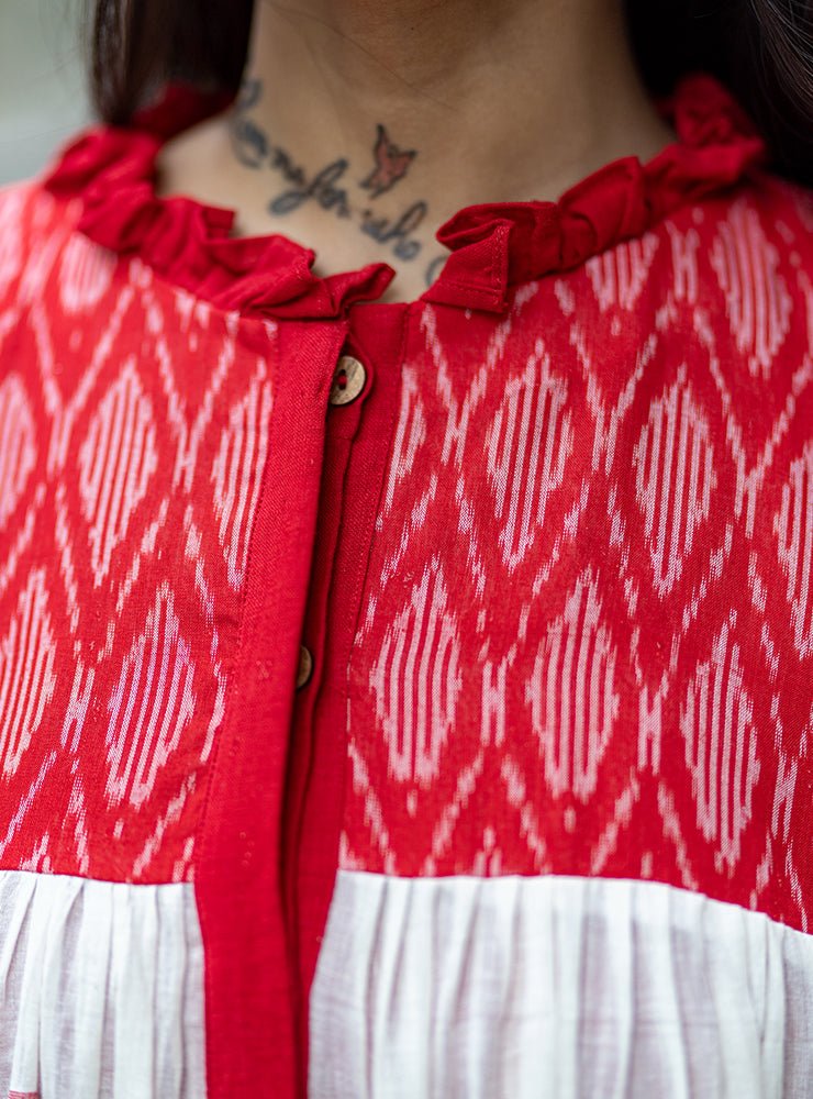 Debi - Jamdani Three Tier Flare Dress with Red Shift Dress | Handloom tops