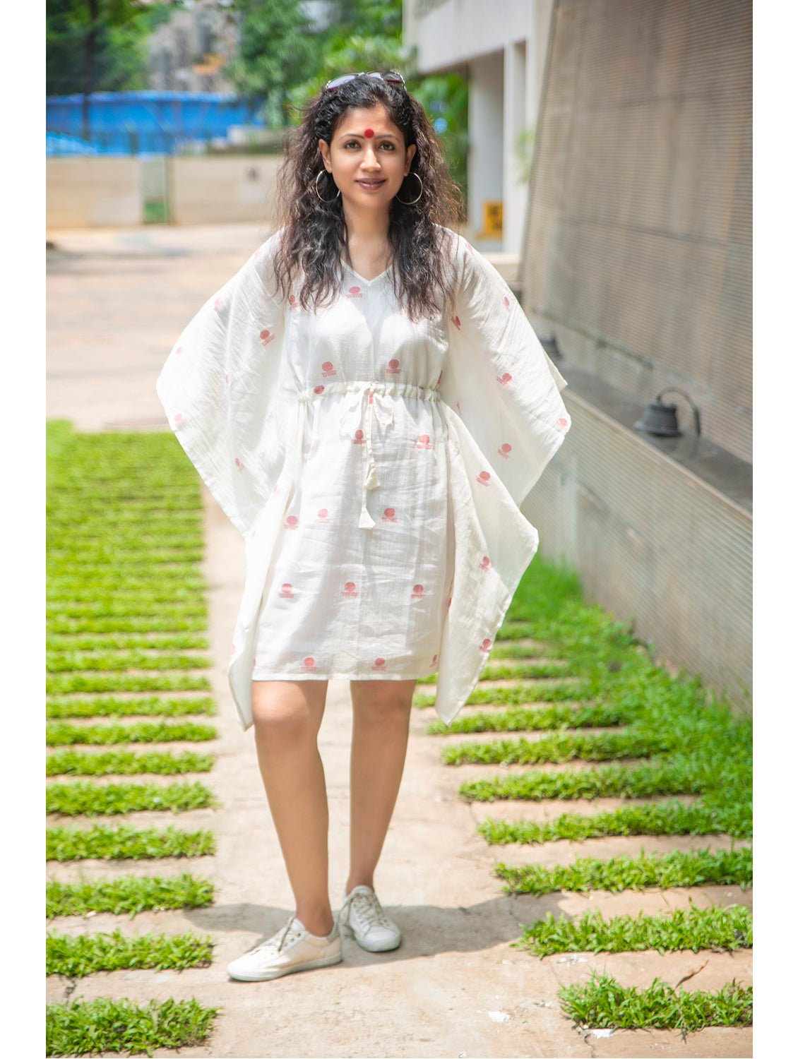 white kaftan dress White Jamdani Cotton Lined Kaftan Dress