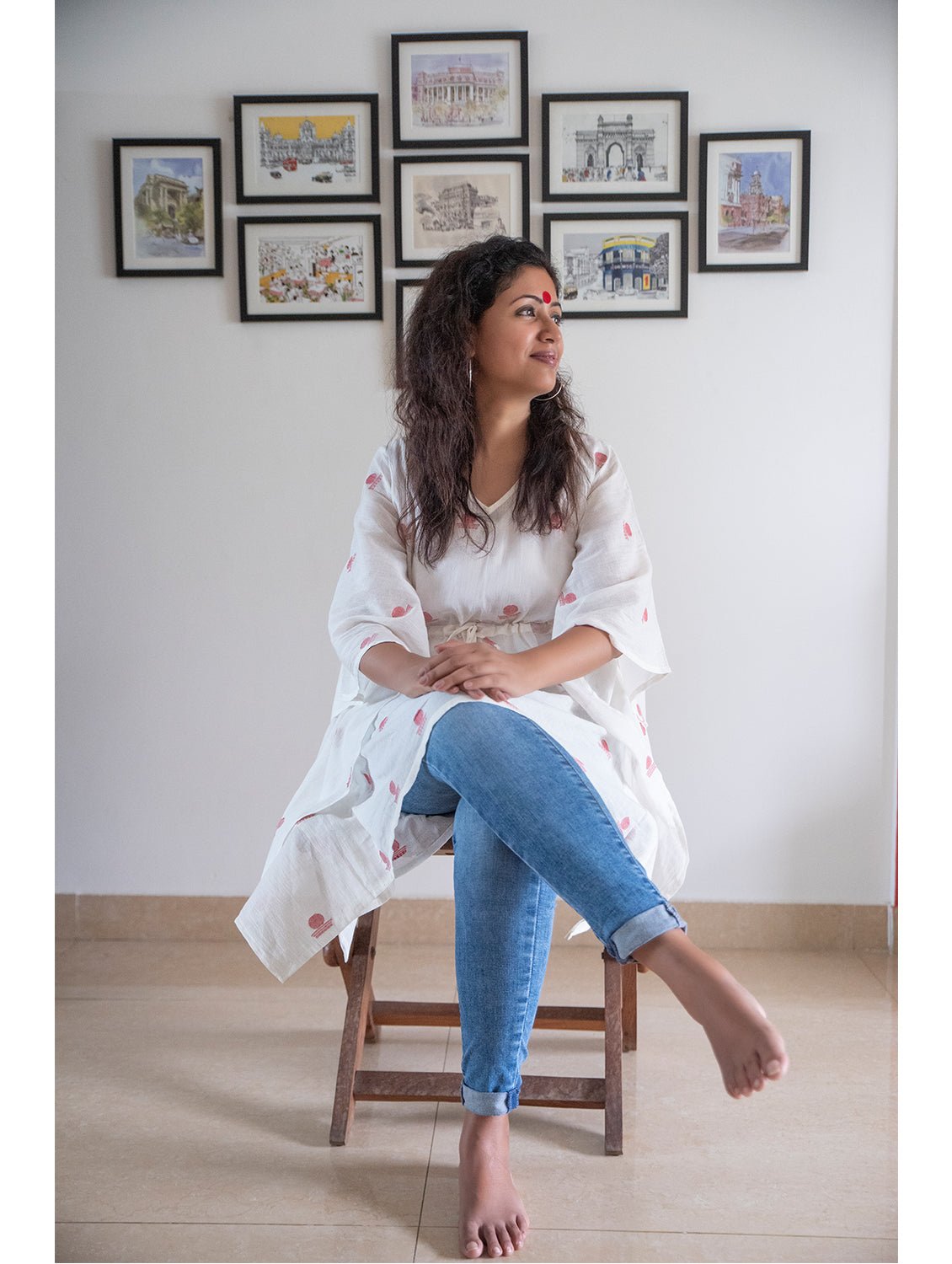 Tunic - White Kaftan in Jamdani Fabric - Prathaa
