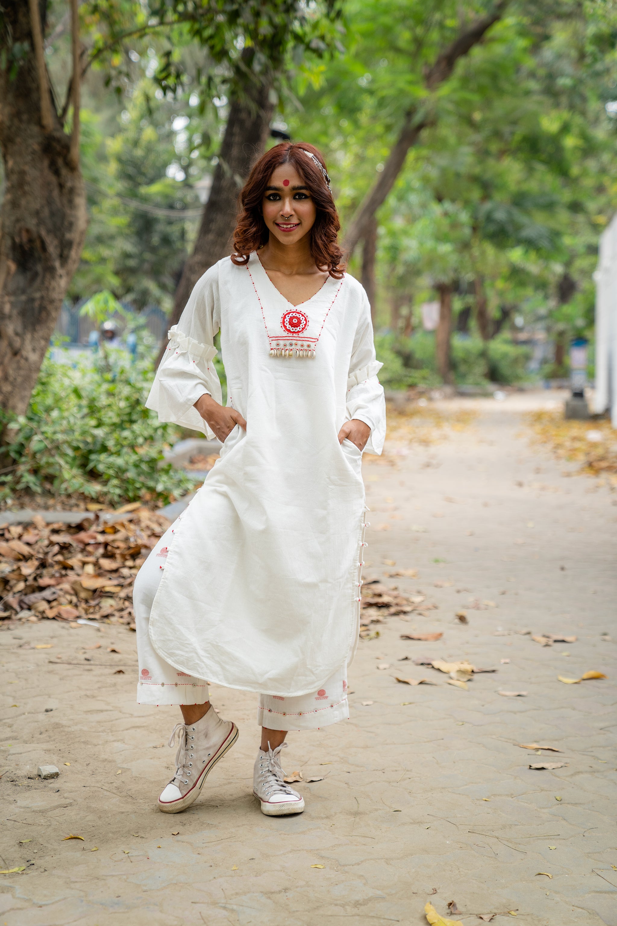 White and Red Jamdani Cotton Shvet Shirt and Pant Kids Set
