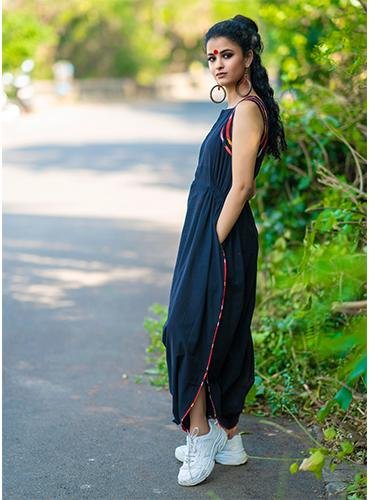 Black Handloom Jumpsuit with Gamcha detailing - Prathaa - weaving traditions