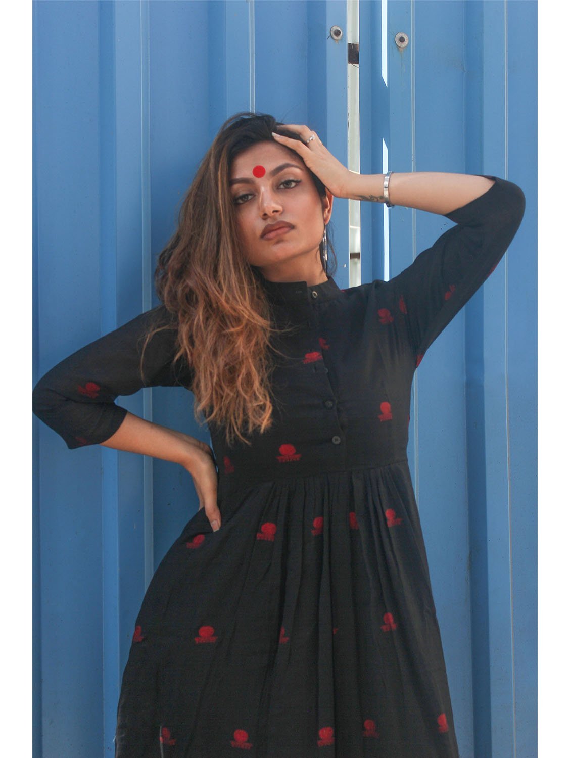 Black Mandarin Collared Midi Dress in Jamdani Fabric - Prathaa - weaving traditions