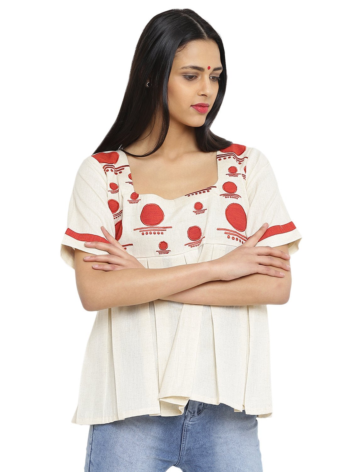 Off White Handloom Box Pleat Flare Top - Prathaa - weaving traditions