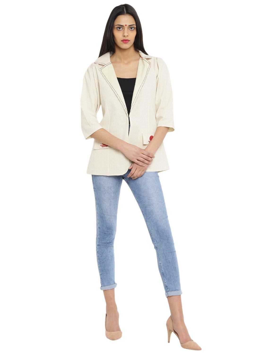 Off white Formal Handloom Blazer With Kantha Stitch - Prathaa - weaving traditions