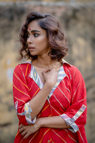 Euphoria - Red Khesh Asymmetrical Shirt Dress-PRATHAA | maxi shirt dresses for women