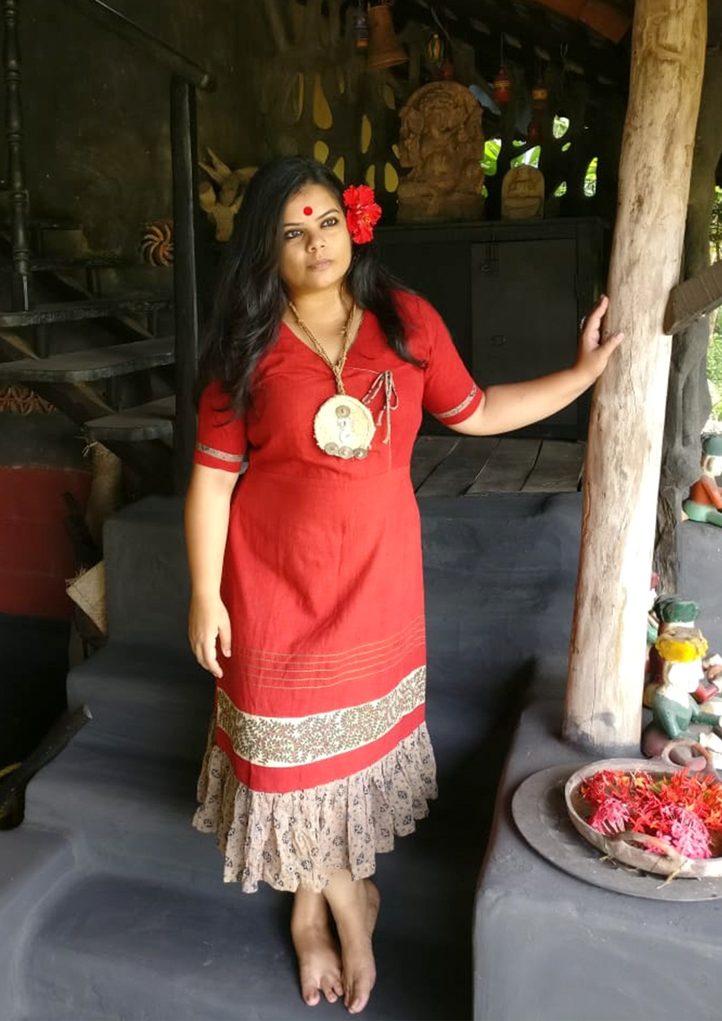 Dress - Kala cotton maroon angrakha style dress with border - Prathaa