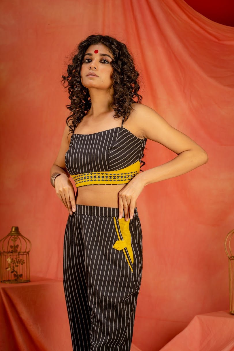 Saanjh-Black Spaghetti blouse | Kotpad Handloom Cotton Blouse | Prathaa