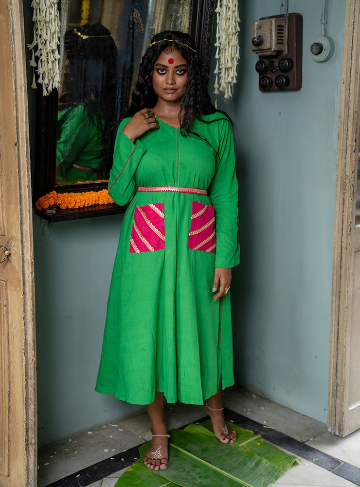 Straight fit Handloom Green Dress | Prathaa | Handloom & Sustainable Clothing