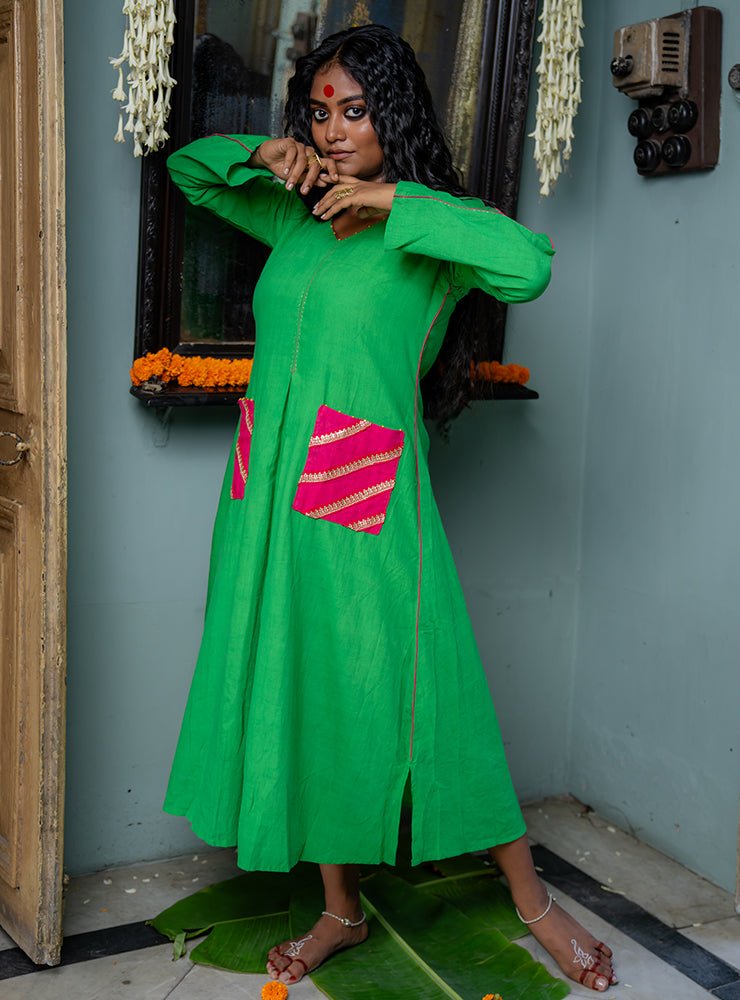 Green straight fit midi dress | Prathaa | Handloom & Sustainable Clothing