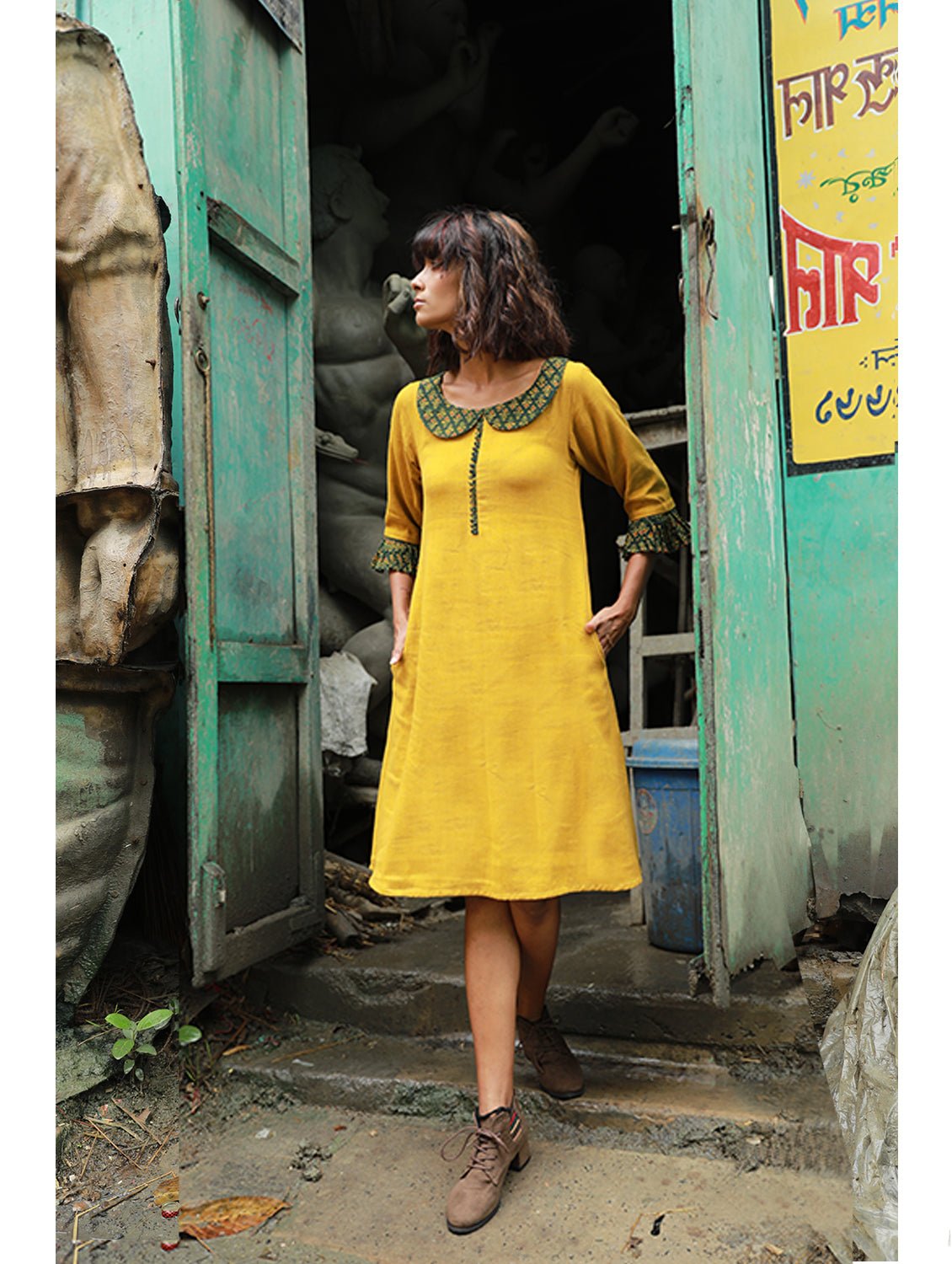 Mustard Yellow Kala Cotton Dress | Sustainable Indo-Western Wear by Prathaa