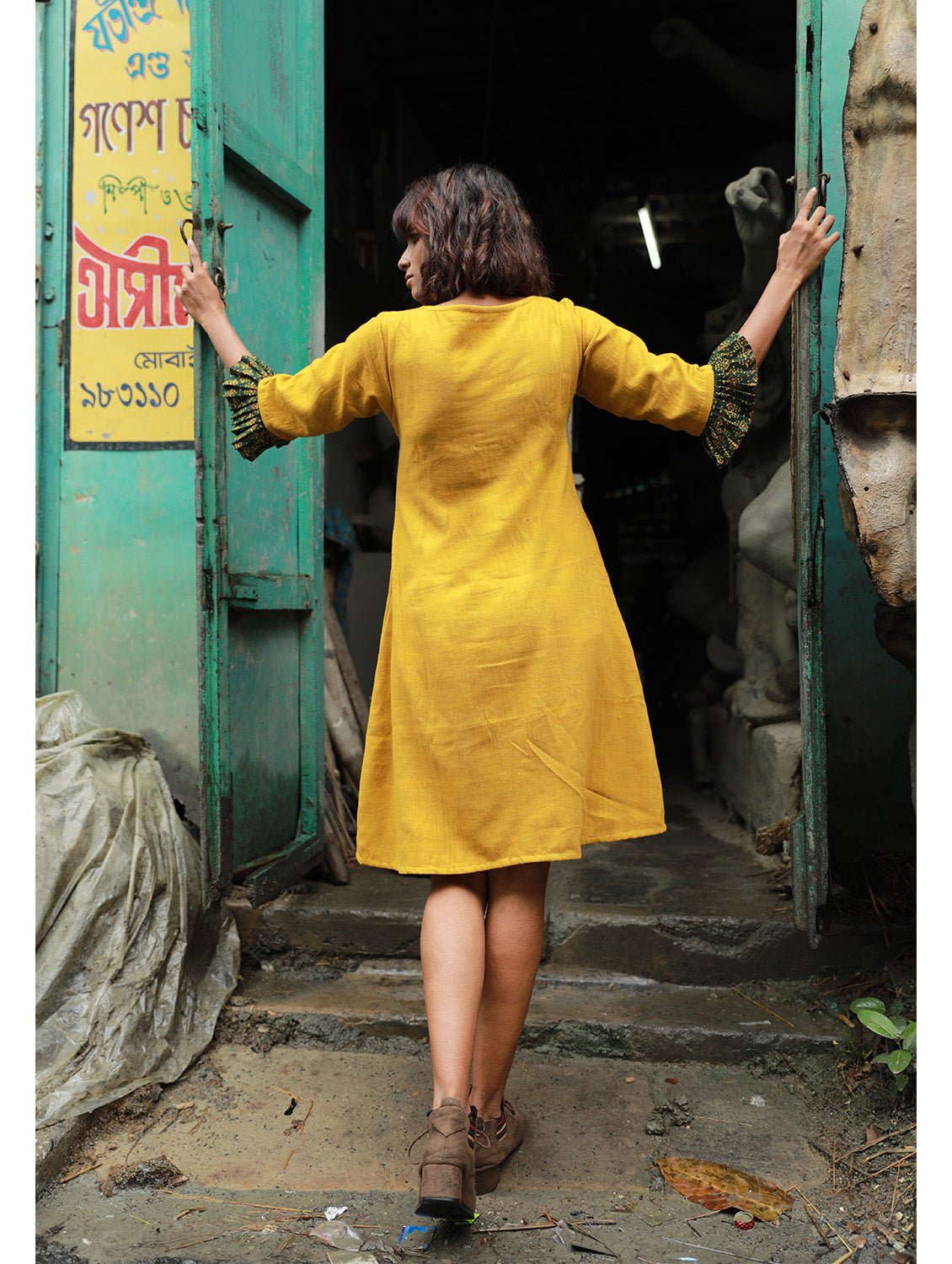 Dress - Mustard Yellow Kala Cotton Dress - Prathaa