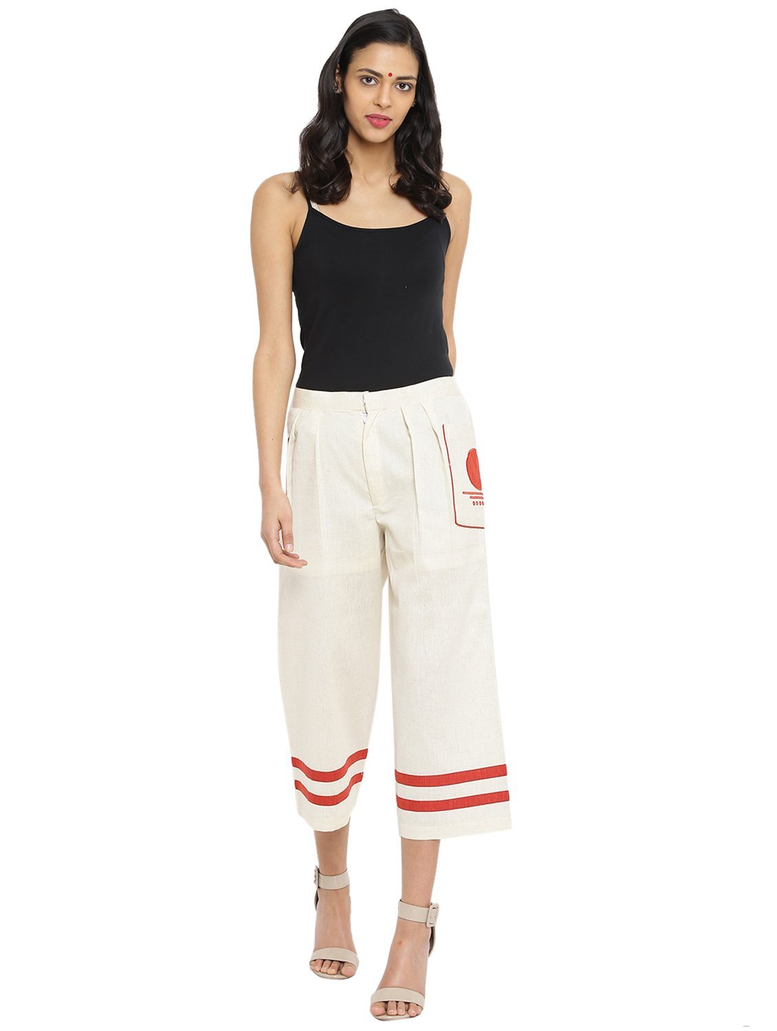 Off White Handloom Culottes With Bindi Patch Pocket - Prathaa - weaving traditions