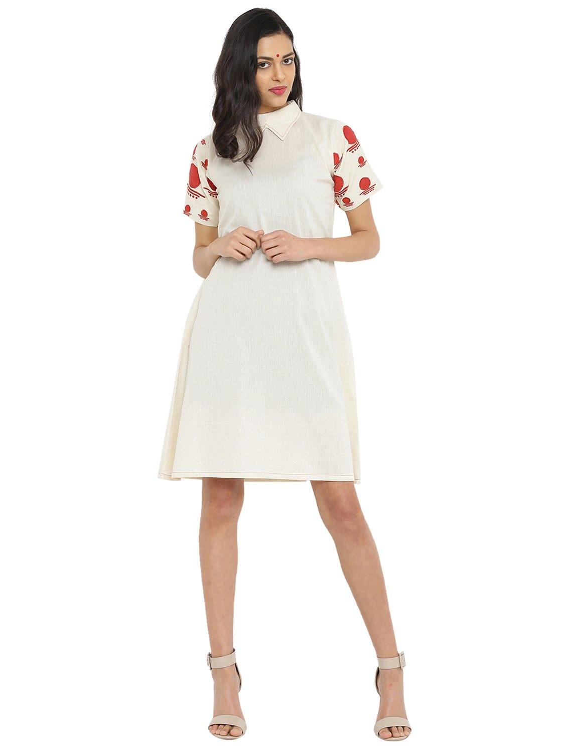 A-line Handloom dress with collar and bindi sleeves - Prathaa - weaving traditions