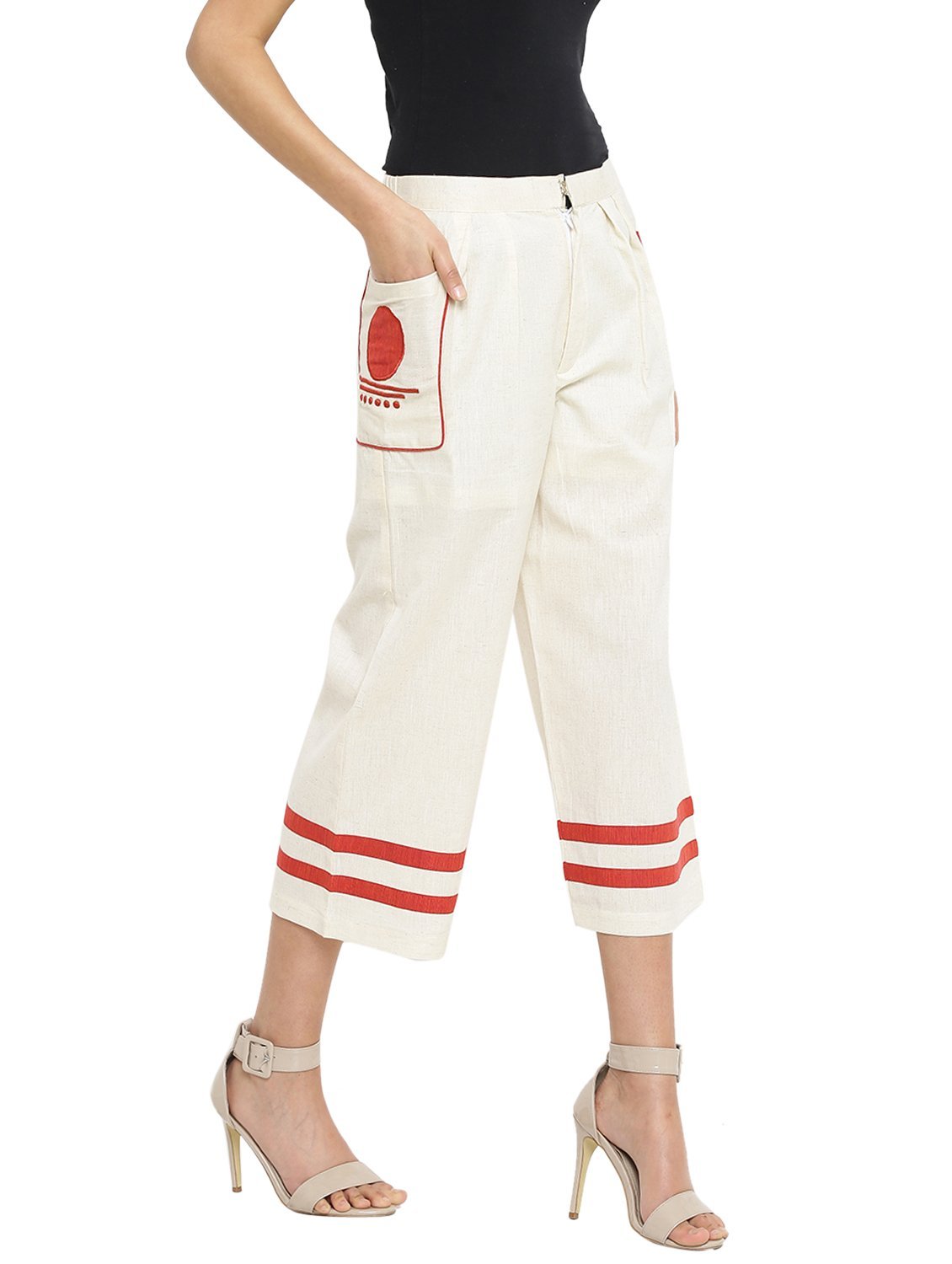 Off White Handloom Culottes With Bindi Patch Pocket - Prathaa - weaving traditions
