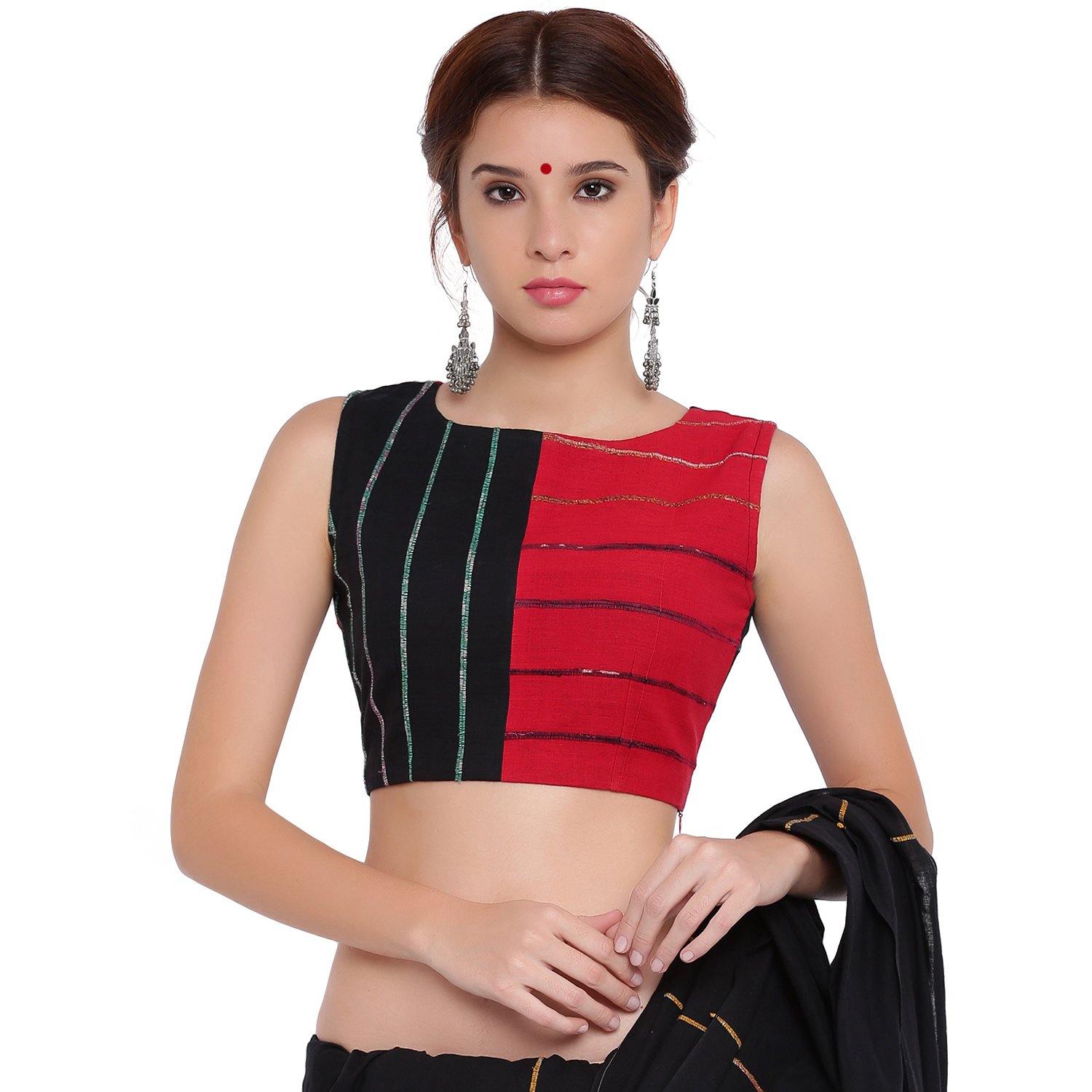 Blouse - Black and red panel sleeveless blouse - Prathaa