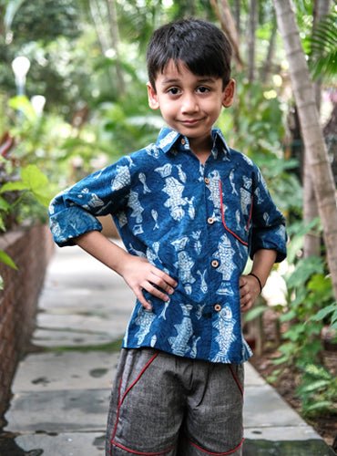 Kids Indigo Fish Print Shirt - Prathaa - weaving traditions